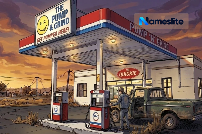 Dirty Fake Gas Station Names with a Bold Wink
